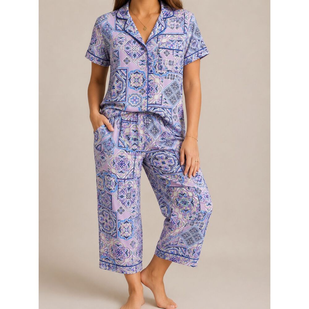 Joyspun Pajama Set Women's Large 12-14 Purple Paisley Cropped Lounge Set Cozy